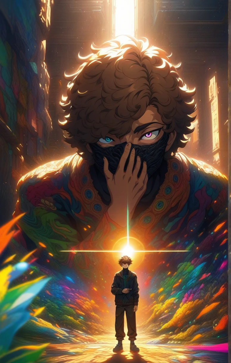 A beautiful anime style boy with brown hair, wearing a black mask covering his mouth, standing in a sunlit environment, detailed facial features, highly detailed character, lighting, glowing sunlight, vibrant colors, digital art, masterpiece, manga, anime, art
