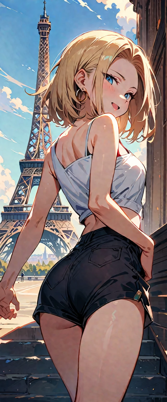 (masterpiece, best quality:1.2), solo, Android 18 from Dragon Ball, ((slip-on one-shoulder crop top)), (light gray top:1.2), no jacket, (short sport shorts), small breasts, short blonde hair loose, ((close eyes)), earrings on earlobes, slender feminine figure, narrow waistline, skinny body, (plane black cap), (cap without logo), sky, head tilt, looking at viewer, light blush, shot from behind, looking back, back view, arms behind back, walking, the Eiffel Tower, outside, natural lighting and shadows, magnificent view, blur background, 4K, open mouth, smile, portrait,