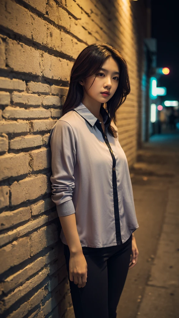 ((best quality)), ((masterpiece)), (detailed), 1Girl, solo, Complicated details, color difference, long white hair, Purple highlights, Neon shirt, Torn leg pants, Open jacket, Open-collared turtleneck sweater, Against the wall, brick walls, GRAPHITE, dim murky lights, alley, looking at viewer,