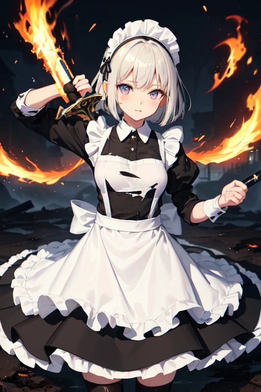 (((Highest quality))), ((masterpiece)), (((detailed))), (((Attention to detail))), ((High resolution))girl, cute, Slightly longer bob hair, (Maid clothes, White apron, Black and white classic), Small breasts, Holding a big sword, Fighting, Sword and Magic, Burning Battlefield, Very intense combat, (Holding a large sword in both hands), (One sword), protect the castle, Facing a formidable foe, Oblique angle, (Maid clothesのスカートは千切れているquality:1.6), (The apron is also torn.:1.6), (EffectThe whole body is dirty with mud and soot.:1.6), (Effect: Body is dirty with soot and mud.:1.6), (EffectMaid clothesが煤と泥で汚いquality:1.6), (The apron is also dirty with soot and mud..6), Slashing, Tattered, 