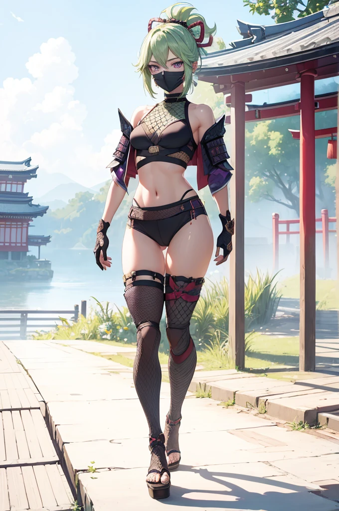 ((1girl, solo)), beautiful body, (perfect anatomy, perfect body, perfect hands, perfect legs), natural proportions, sexy body, large breasts, (full body, full-body shot, full body front:1.5), ((cowboy shot)), (((legs apart))) BREAK

((extremely detailed face)), (beautiful detailed eyes:1.6), (realistic pupils, realistic iris:1), expressive eyes, looking at viewer, (clear eyes:1.3), (hyperrealistic:1.2), (detailed skin texture:1.2), smooth skin, kuki shinobu, purple eyes, green hair, ((mouth mask)), perfect face, perfect eyes BREAK

ninja, (fishnet top:1.5), (crop top:1.5), cleavage, (cropped jacket:1.5), (shoulder armor:1.5), (arm guard:1.5), partially fingerless gloves, midriff, short shorts, black shorts, ((black thighhighs)), (((greaves))), sandals, (revealing clothes:1.5), (japanese armor:1.5), (samurai armor), (highleg panty straps:1.3), tassel BREAK

outdoor, day, japanese building, east asian architecture BREAK 

(masterpiece:1.5), anime-style, top quality, best quality, (beautiful and aesthetic:1.2), (ultra detail:1.5), Ultra-detailed depiction, Ultra-precise depiction, extremely detailed 8k illustration, high resolution, (highly detailed shading:1.2), (realistic lighting:1.4), perfect lighting, vibrant colors, dynamic tones, striking hues, 8k, absurd resolution, perfect shadows, hdr, UHD, ambient lighting, realistic, ultra-realistic, photo realistic, highly detailed, rich detail, luminous colors, fine texture, intricate design, professional illustration, (soft light:1.2), (illustration:0.7)