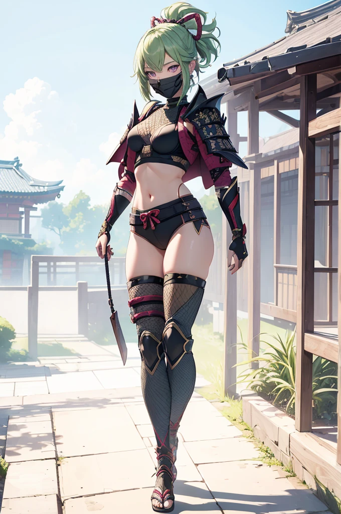 ((1girl, solo)), beautiful body, (perfect anatomy, perfect body, perfect hands, perfect legs), natural proportions, sexy body, large breasts, (full body, full-body shot, full body front:1.5), ((cowboy shot)), (((legs apart))) BREAK
((extremely detailed face)), (beautiful detailed eyes:1.6), (realistic pupils, realistic iris:1), expressive eyes, looking at viewer, (clear eyes:1.3), (hyperrealistic:1.2), (detailed skin texture:1.2), smooth skin, kuki shinobu, purple eyes, green hair, ((mouth mask)), perfect face, perfect eyes BREAK
ninja, (fishnet top:1.5), (crop top:1.5), cleavage, (cropped jacket:1.5), (shoulder armor:1.5), (arm guard:1.5), partially fingerless gloves, midriff, short shorts, black shorts, ((black thighhighs)), (((greaves))), sandals, (revealing clothes:1.5), (japanese armor:1.5), (samurai armor), (highleg panty straps:1.3), tassel BREAK
outdoor, day, japanese building, east asian architecture BREAK
(masterpiece:1.5), anime-style, top quality, best quality, (beautiful and aesthetic:1.2), (ultra detail:1.5), Ultra-detailed depiction, Ultra-precise depiction, extremely detailed 8k illustration, high resolution, (highly detailed shading:1.2), (realistic lighting:1.4), perfect lighting, vibrant colors, dynamic tones, striking hues, 8k, absurd resolution, perfect shadows, hdr, UHD, ambient lighting, realistic, ultra-realistic, photo realistic, highly detailed, rich detail, luminous colors, fine texture, intricate design, professional illustration, (soft light:1.2), (illustration:0.7)