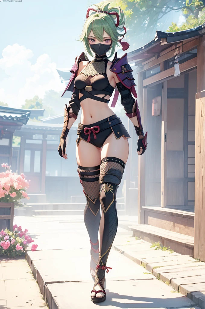 ((1girl, solo)), beautiful body, (perfect anatomy, perfect body, perfect hands, perfect legs), natural proportions, y body, large brefull body, full-body shot, full body front:1.5), ((cowboy shot)), (((legs apart))) BREAK
((extremely detailed face)), (beautiful detailed eyes:1.6), (realistic pupils, realistic iris:1), expressive eyes, looking at viewer, (clear eyes:1.3), (hyperrealistic:1.2), (detailed skin texture:1.2), smooth skin, kuki shinobu, purple eyes, green hair, ((mouth mask)), perfect face, perfect eyes BREAK
ninja, (fishnet top:1.5), (crop top:1.5), cleavage, jacket:1.5), (shoulder armor:1.5), (arm guard:1.5), partially fingerless gloves, midriff, short shorts, black shorts, ((black thighhighs)), (((greaves))), sandals, (revealing clothes:1.5), (japanese armor:1.5), (samurai armor), (highleg panty straps:1.3),el BREAK
outdoor, day, japanese building, east asian architecture BREAK
(masterpiece:1.5), anime-style, top quality, best quality, (beautiful and aesthetic:1.2), (ultra detail:1.5), Ultra-detailed depiction, Ultra-precise depiction, extremely detailed 8k illustration, high resolution, (highly detailed shading:1.2), (realistic lighting:1.4), perfect lighting, vibrant colors, dynamic tones, striking hues, 8k, absurd resolution, perfect shadows, hdr, UHD, ambient lighting, realistic, ultra-realistic, photo realistic, highly detailed, rich detail, luminous colors, fine texture, intricate design, professional illustration, (soft light:1.2), (illustration:0.7)