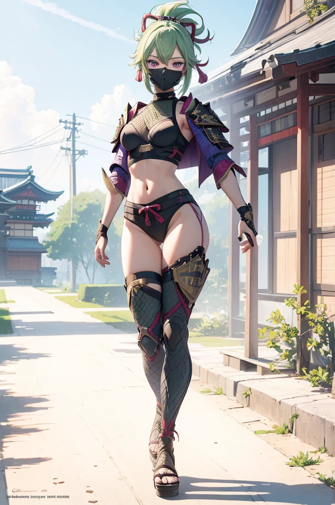 ((1girl, solo)), beautiful body, (perfect anatomy, perfect body, perfect hands, perfect legs), natural proportions, sexy body, large breasts, (full body, full-body shot, full body front:1.5), ((cowboy shot)), (((legs apart))) BREAK
((extremely detailed face)), (beautiful detailed eyes:1.6), (realistic pupils, realistic iris:1), expressive eyes, looking at viewer, (clear eyes:1.3), (hyperrealistic:1.2), (detailed skin texture:1.2), smooth skin, kuki shinobu, purple eyes, green hair, ((mouth mask)), perfect face, perfect eyes BREAK
ninja, (fishnet top:1.5), (crop top:1.5), cleavage, (cropped jacket:1.5), (shoulder armor:1.5), (arm guard:1.5), partially fingerless gloves, midriff, short shorts, black shorts, ((black thighhighs)), (((greaves))), sandals, (revealing clothes:1.5), (japanese armor:1.5), (samurai armor), (highleg panty straps:1.3), tassel BREAK
outdoor, day, japanese building, east asian architecture BREAK
(masterpiece:1.5), anime-style, top quality, best quality, (beautiful and aesthetic:1.2), (ultra detail:1.5), Ultra-detailed depiction, Ultra-precise depiction, extremely detailed 8k illustration, high resolution, (highly detailed shading:1.2), (realistic lighting:1.4), perfect lighting, vibrant colors, dynamic tones, striking hues, 8k, absurd resolution, perfect shadows, hdr, UHD, ambient lighting, realistic, ultra-realistic, photo realistic, highly detailed, rich detail, luminous colors, fine texture, intricate design, professional illustration, (soft light:1.2), (illustration:0.7)