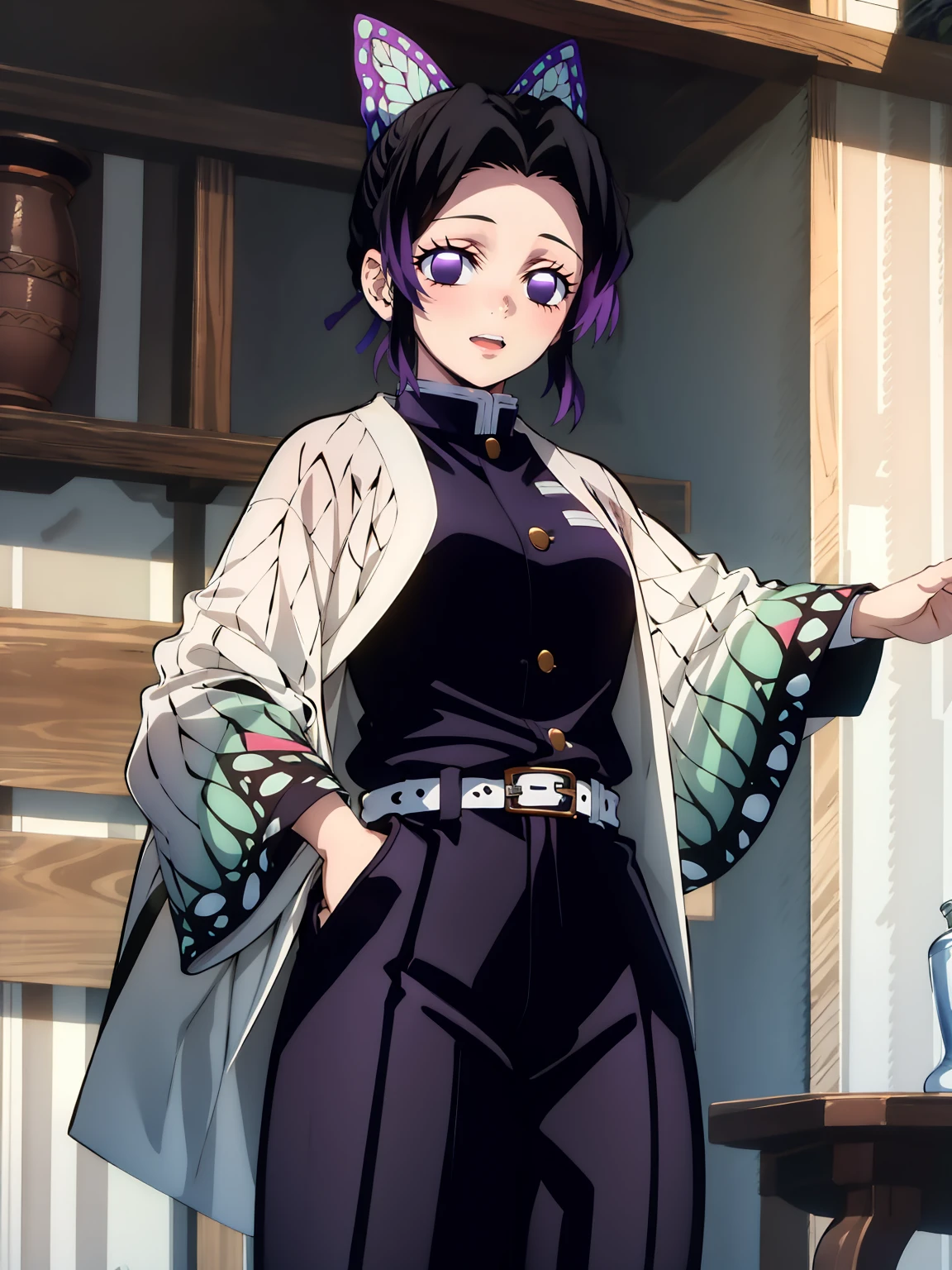 Kochou shinobu, 4k, absurd, high resolution, very high resolution, high definition, masterpiece, Short hair, purple hair, Hair Adorno, Butterfly hair ornament, Purple eyes, Slayer Demon Uniform, Black Jacket, Pants, White belt, Separate bangs, wide sleeves, Butterfly hair ornament, Black Pants, upper body, looking_at_viewer, :d