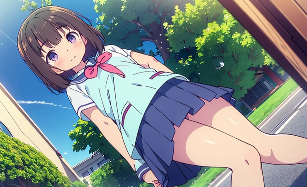 (High quality), (masterpiece), (very detailed), girl, (very small bust), short brown hair, purple eyes, shy face, (primary school loli), showing her thighs, on the school yard, sunny, camera angle from below, adorable eyes, (primar school uniform) NSFW