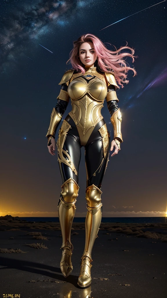 ((best quality)), ((masterpiece)), (ultra detailed lights), ((full body:1.3)), ((skinny body)), 1girl, extremely beautiful, ((slim body)), thighs gap, ultra face details, 20 years old, ((pink curvy-hair)), ((hair blown by strong winds :1.3)), Award-winning photograph, ((symmetrical pose)), ((full body golden black armor)), posing in the middle, intricate details, ((thight golden armour)), ((extremely details armor)), ((tight latex pants)), ((24k-gold armor)), ((edge luminous armor)), cameltoe, luminescent, epic lights reflections, at beach, full of stars, orange clouds, nebula sky, epic aurora borealis in the background, shooting stars, ((from below))