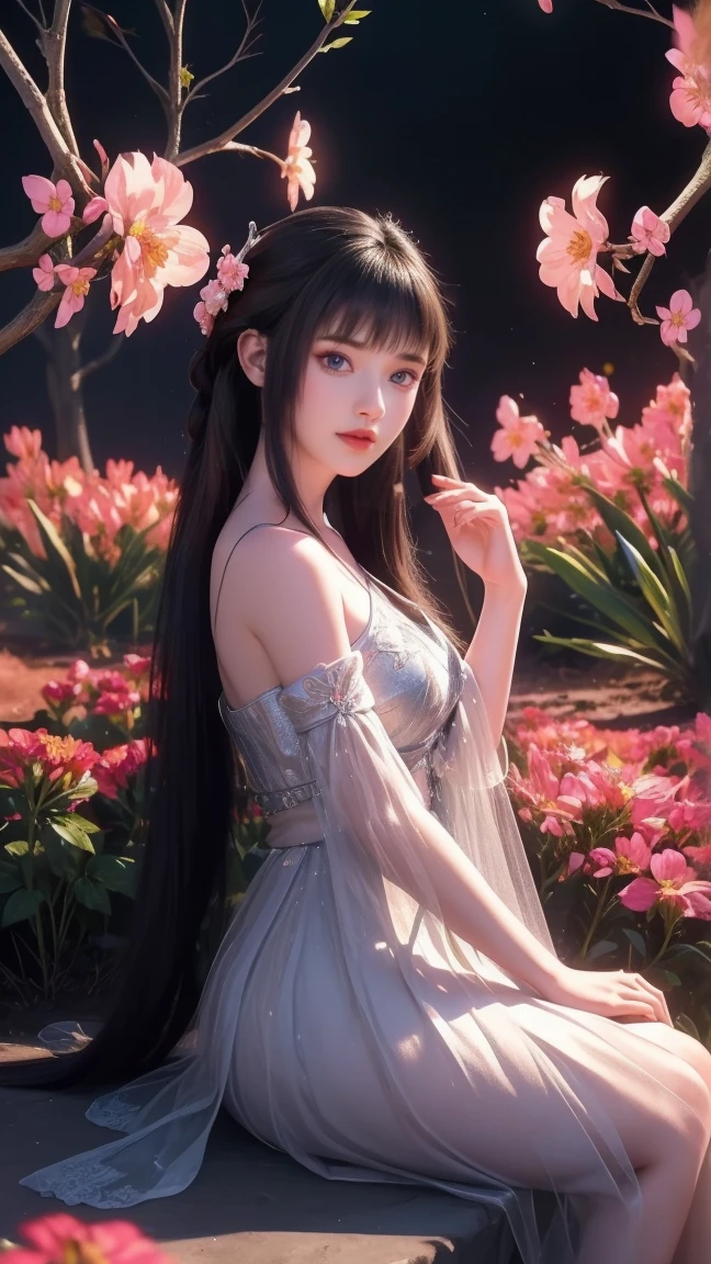 1girl, girl with long black hair, smiling, cheerful, girl is sitting among a wide expanse of flowers, surrounded by beautiful flowers, Calm and peaceful atmosphere, night, moonlight , Beautiful glowing butterflies surround the girl lighting up the darkness of the night, magic,Romantic, the night breeze blows the Sepoi Sepoi girl's hair,