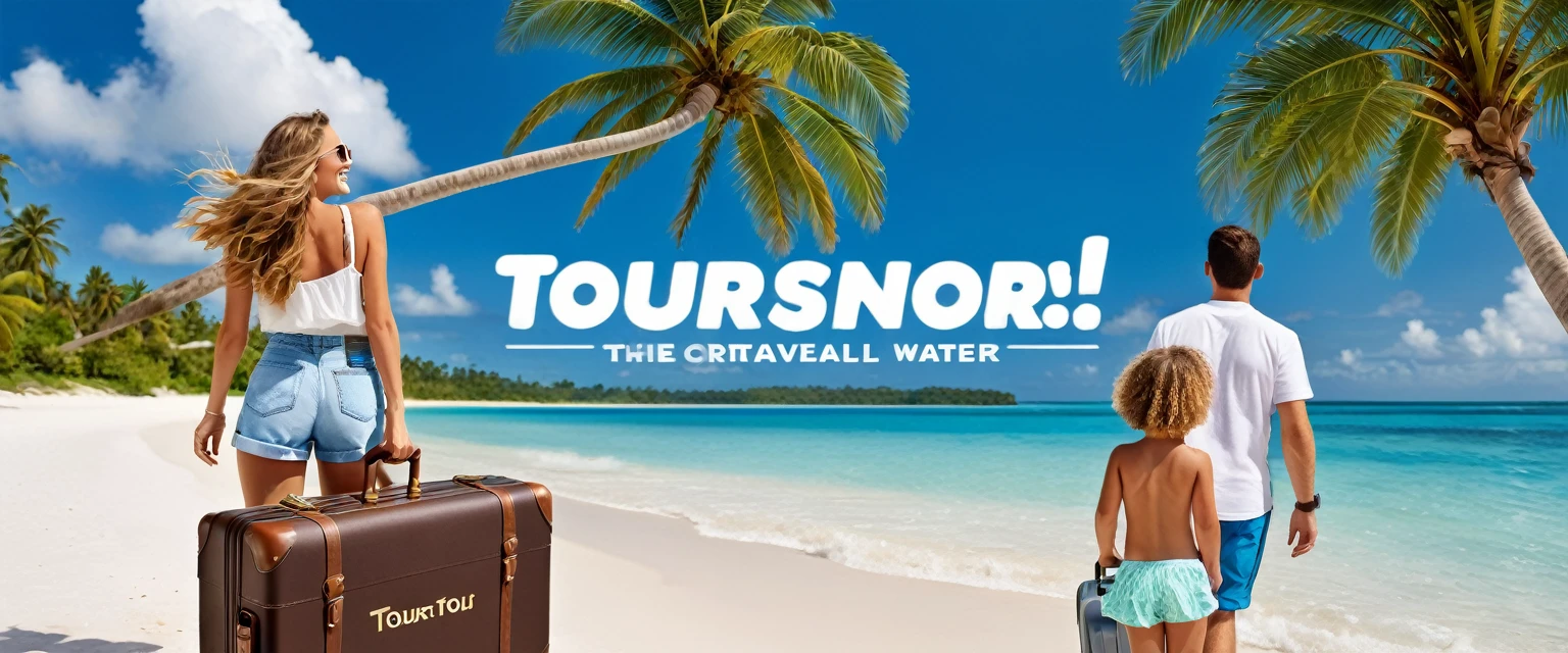 A wide advertising banner for a travel company named 'TourTour'. The background features a stunning tropical beach with crystal clear water, white sand, and lush palm trees. The sky is bright blue with a few fluffy white clouds. In the foreground, there is a happy family wearing summer clothes, looking excited and ready for an adventure. There are also iconic travel elements such as a suitcase with travel stickers, a camera, and a world map. The company's logo, 'TourTour', is prominently displayed at the top in a modern, stylish font. The slogan 'Explore the World with Us' is written below the logo in a smaller, elegant font. The overall vibe is cheerful, inviting, and adventurous.