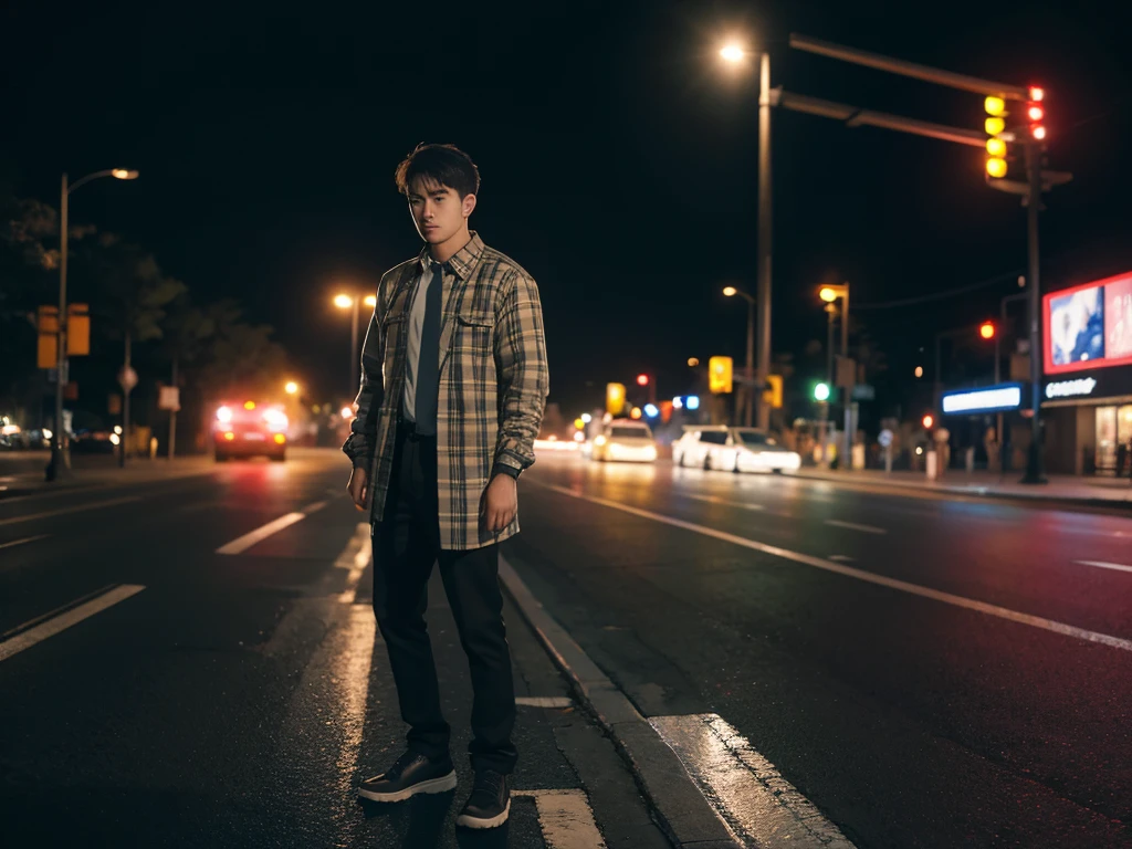 1 men, full body, flanel, night, traffic signlights, ultra detail, ultra resolution