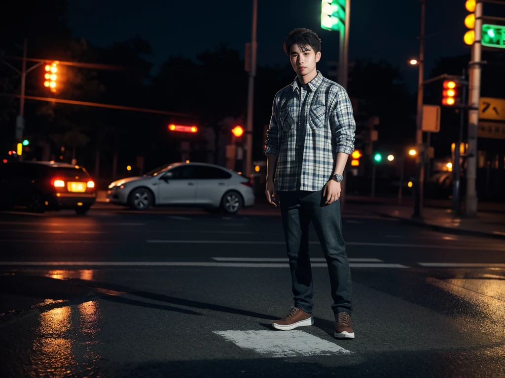 1 men, full body, flanel, night, traffic signlights, ultra detail, ultra resolution