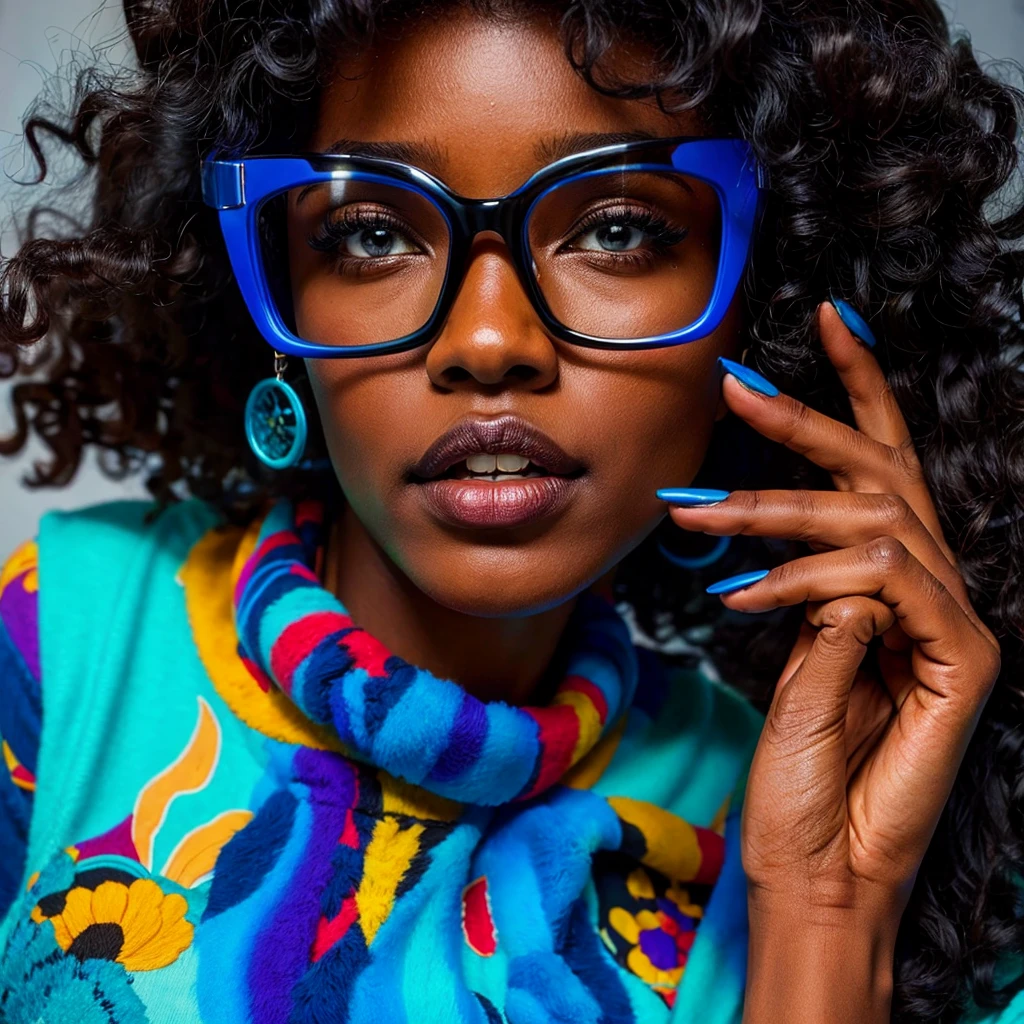 Beautiful black woman with afro hair for advertisement of stylish blue-framed glasses, swirly vibrant colors, hyper realistic art in 4k, hyper realistic hair
