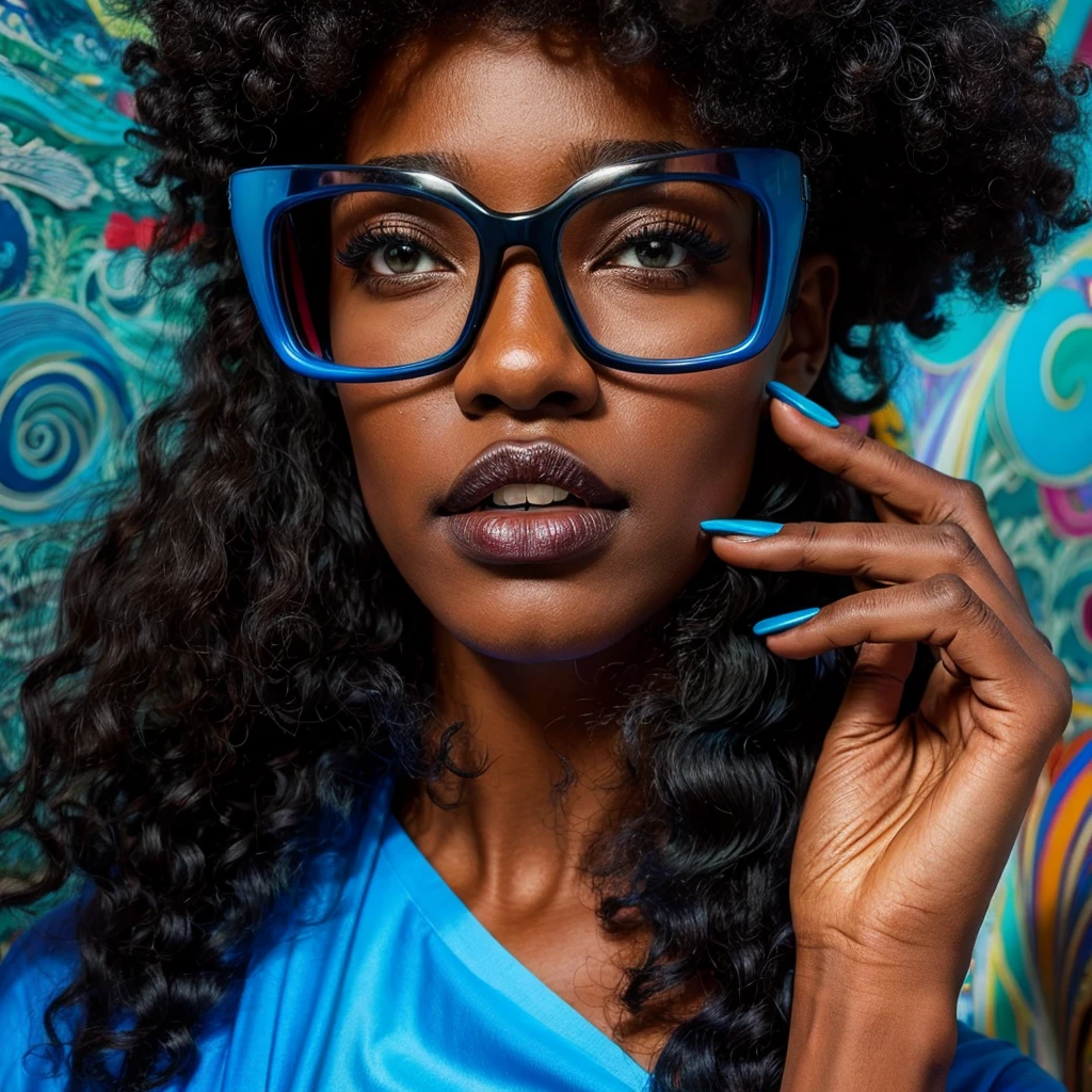 Beautiful black woman with afro hair for advertisement of stylish blue-framed glasses, swirly vibrant colors, hyper realistic art in 4k, hyper realistic hair