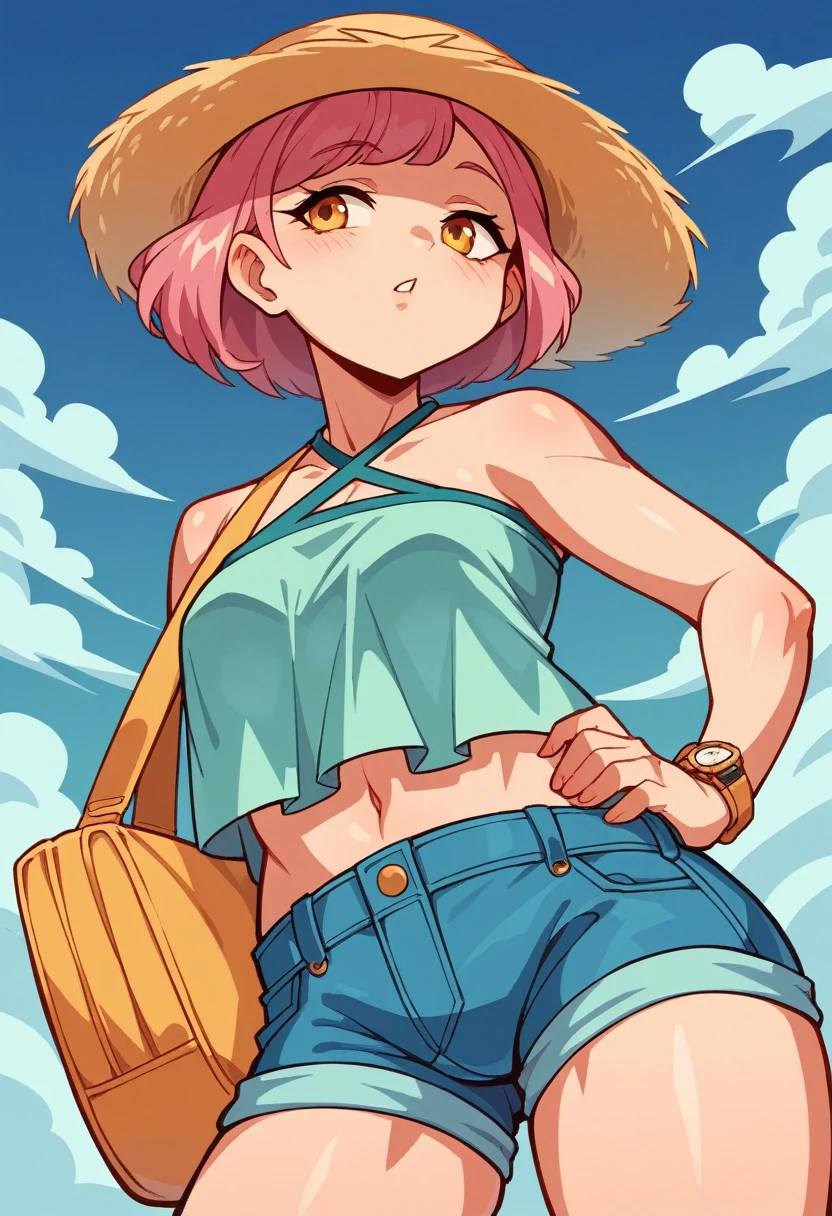 Face and Expression:
- The woman has a calm and composed facial expression, looking slightly to the side.
Clothing and Colors:
- She is wearing a bright pink halter-top dress that extends just past her waist.
- She also has on very short denim shorts, visible just below the dress.
Accessories:
- A yellow crossbody bag hangs over her shoulder, resting on her hip.
- She has a gold watch on her left wrist and a bracelet on her right wrist.
Hair:
- Her hair is long, dark, and loose, flowing down her back and over her shoulders.
Pose:
- She is standing with one hand near her face and the other hand hanging by her side, giving a relaxed yet poised stance.
Background:
- The background shows an outdoor pool area with clear blue water.
- There are poolside structures, possibly cabanas or loungers, visible in the distance.
- The overall setting suggests a luxurious, sunny environment.
Lighting:
- The lighting is bright, likely natural daylight, illuminating both the woman and the background clearly.
-