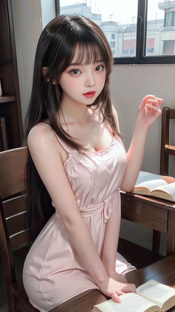 (Table Top), 女の子 with long black hair holding a book, Moe art style, Cute girl visuals, Ilya Kuvshinov with long hair, Attractive girl, Beautiful girl, (Beautiful breasts), Small beautiful butt, Waist cinched with obi, Beautiful little hand of a girl, Smooth CG art, (( beautiful girl, Baby Face, )), Young girl, ((Cute girl in a nice dress)), cute girl, (Detailed eyes and face:1.2, Professional photography techniques, Cinema Lighting), (Troubled expression, blush:1.2), (Highest quality, 8K, masterpiece:1.2, RAW Photos), (Photorealism:1.3)