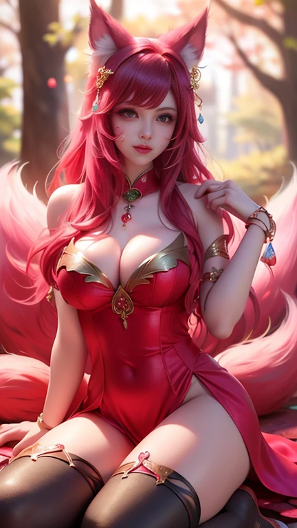 Super beautiful shining eyes、Face lighting,Bright backlight, huge breasts,超A high resolution,Best Quality,Photos,4K,(Realistic:1.2),
1 Indian girl,Cute,Cosplay,ahri (League of Legends),Looking at Viewer,(huge breasts:1.1), deep cleavage, Nine Tails,long ears,Green eyes,(Long wavy hair:1.2),White and gold headdress,Red and gold cheongsam,(Thigh height stockings:1.3),Red high heels,Red and gold bracelet,In the moonlit forest,