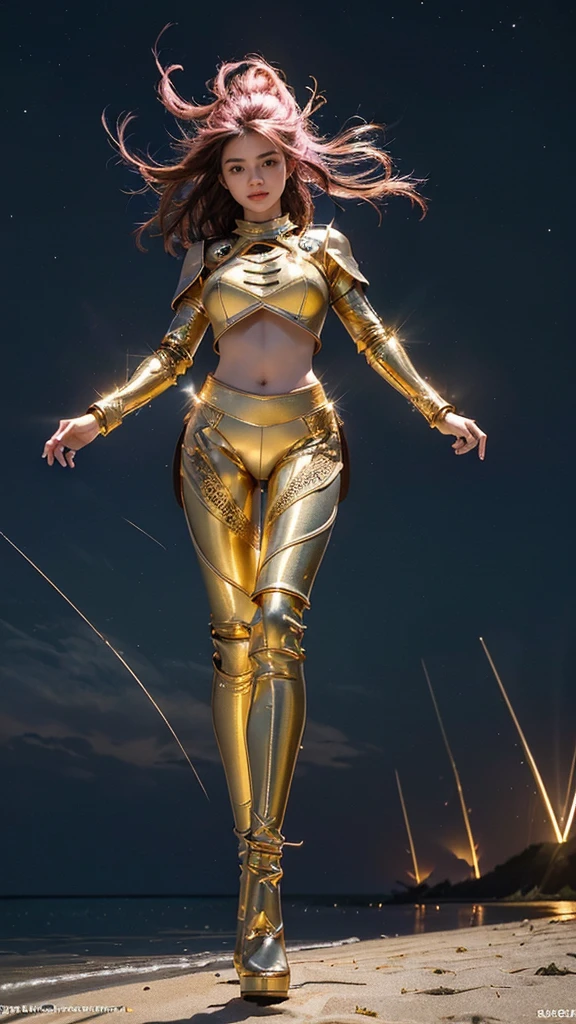 ((best quality)), ((masterpiece)), (ultra detailed lights), ((full body:1.3)), ((skinny body)), 1girl, extremely beautiful, ((slim body)), thighs gap, ultra face details, 20 years old, ((pink curvy-hair)), ((hair blown by strong winds :1.3)), Award-winning photograph, ((symmetrical pose)), ((full body golden black armor)), posing in the middle, intricate details, ((thight golden armour)), ((extremely details armor)), ((tight latex pants)), ((24k-gold armor)), ((edge luminous armor)), cameltoe, luminescent, epic lights reflections, at beach, full of stars, orange clouds, nebula sky, epic aurora borealis in the background, shooting stars, ((from below))