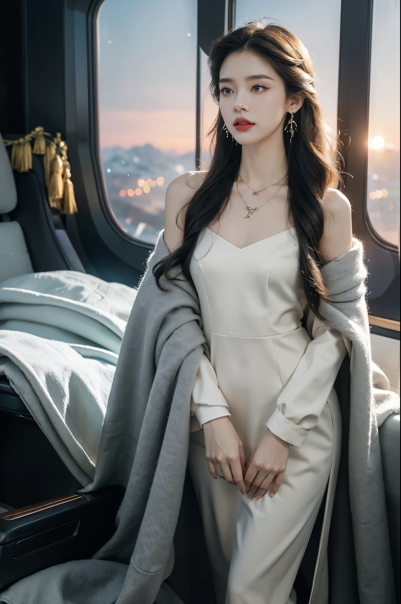 (((best quality))),(((ultra detailed))),(((masterpiece))),illustration,(a beautiful girl,female passenger,solo),(parted red lips),((slim,thin,small breasts,flat chest)),((earrings,crystal necklace)),(slender legs:1.2),summer night,((in airplane,economy class,indoor)),(blanket over shoulders:1.3),((dress)),(shoulder length straight bob hair:1.2),stars,moonlight,smooth flight,engine sound,lullaby,relaxed,excited,laughing,visiting family,comfortable seats,soft fabric,headrests,adjustable,beauty of night sky,dimmed lights,sleeping passengers,movies,personal screens,staying awake,magic of sky,joy of being with family,memorable journey,adventures,(surrounded by crowded crowds:1.3),(Outside the window is high-altitude night view:1.2),((standing,arms behind back,from front,full body))