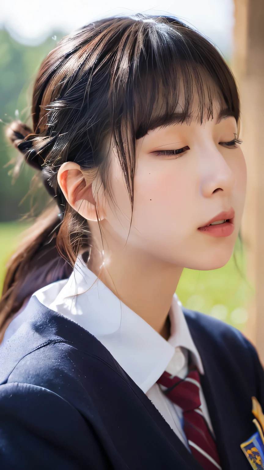 (8K、Raw photo、Highest quality、masterpiece:1.2)、(Realistic、Photorealistic:1.37)、Ultra-detailed、Ultra-high resolution、Cowboy Shot、 beautiful girl、Beautiful and well-proportioned face、、Beautifully detailed skin、Skin Texture、Professional Lighting、Big breasts that are about to spill out、double bun and short twin tails、(((School Uniform 1.2)))、Kissing Face、Eyes closed