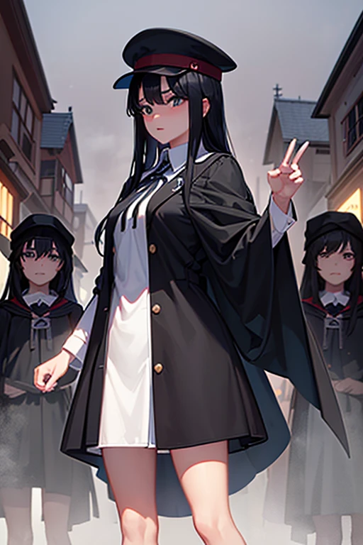 A woman with long black hair wearing a stand-up collared , cap, and cloak leads a group of students in stand-up collared school uniforms, caps, and cloaks in an old student town in the early morning before dawn and fog remains.、All together doing the Comaneci pose