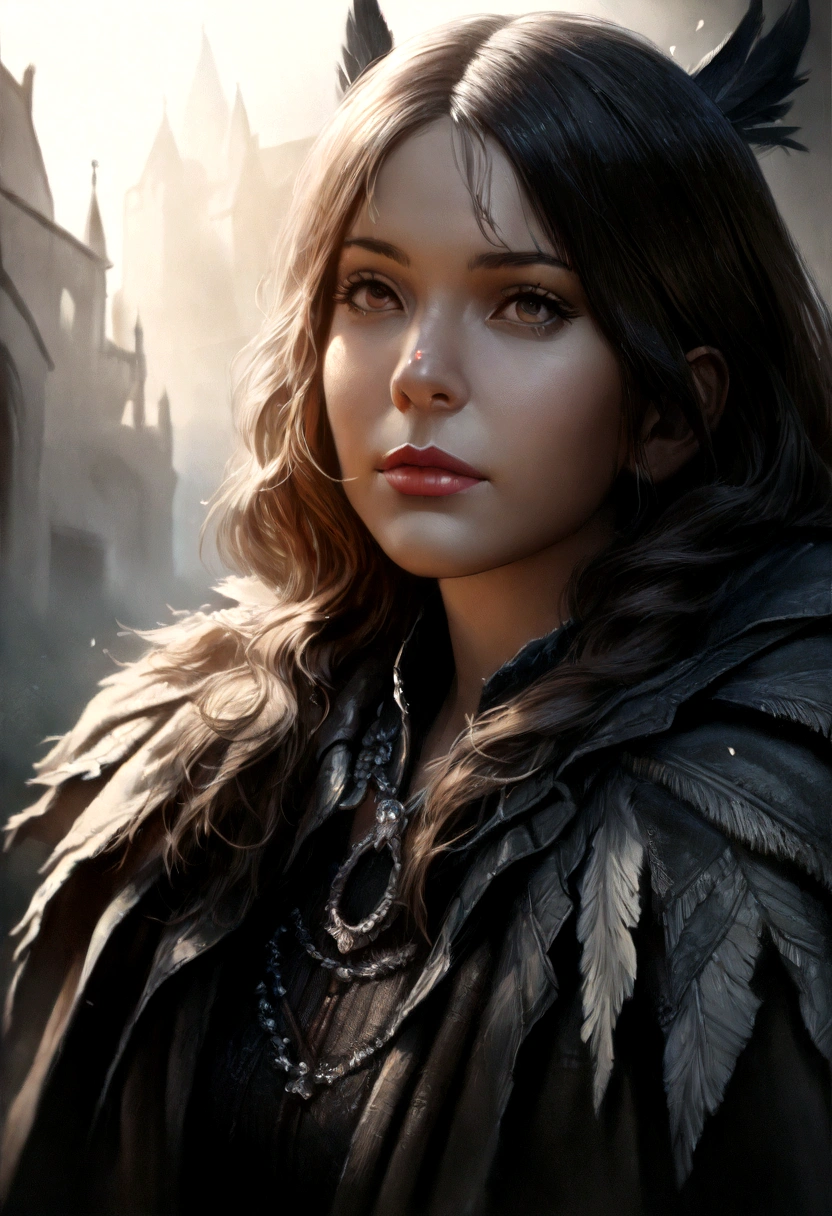 1girl, medieval castle, detailed specific features, beautiful eyes, detailed skin, detailed hair, adventurous expression, dramatic lighting, cinematic composition, soft color palette, atmospheric fog, wearing black feather cold coat (best quality, 4k, 8k, high resolution, masterpiece: 1.2), ultra-detailed, (realistic, photorealistic, photorealistic: 1.37)
