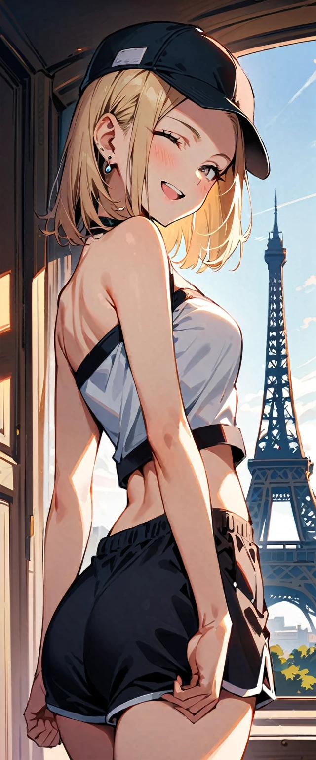 (masterpiece, best quality:1.2), solo, Android 18 from Dragon Ball, ((slip-on one-shoulder crop top)), (light gray top:1.2), no jacket, (short dolphin shorts), small breasts, short blonde hair loose, ((close eyes)), earrings on earlobes, slender feminine figure, narrow waistline, skinny body, (plane black cap), (cap without logo), sky, head tilt, looking at viewer, light blush, shot from behind, looking back, back view, arms behind back, walking, the Eiffel Tower, outside, natural lighting and shadows, magnificent view, blur background, 4K, open mouth, smile, portrait,
