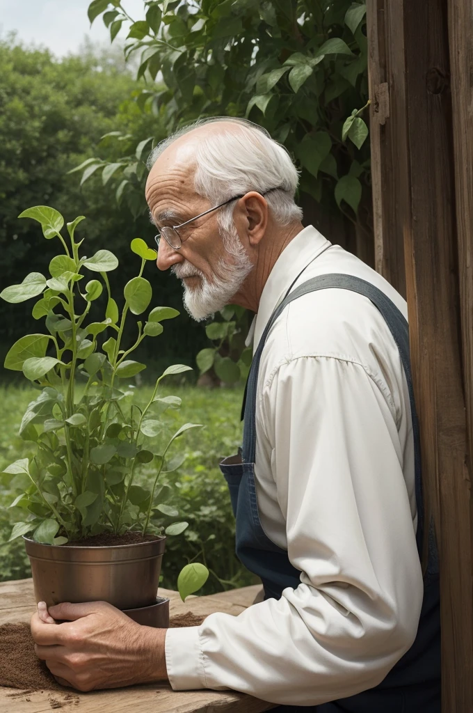 An old man doing a scientist experiment with lots of pea plants in the 11th century