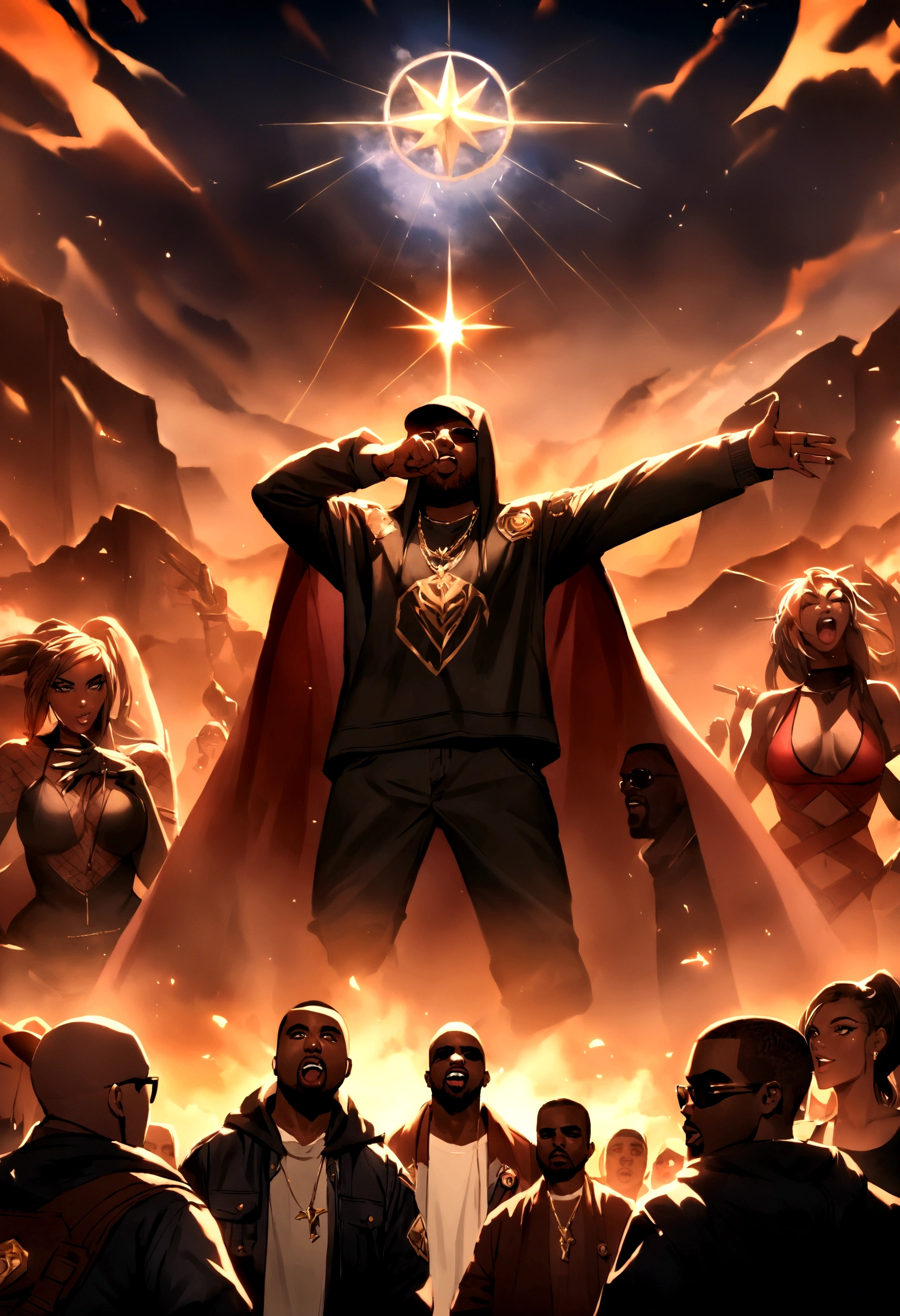 team symbol for a league of legends championship with american rapper kanye west in the middle, detailed, professional