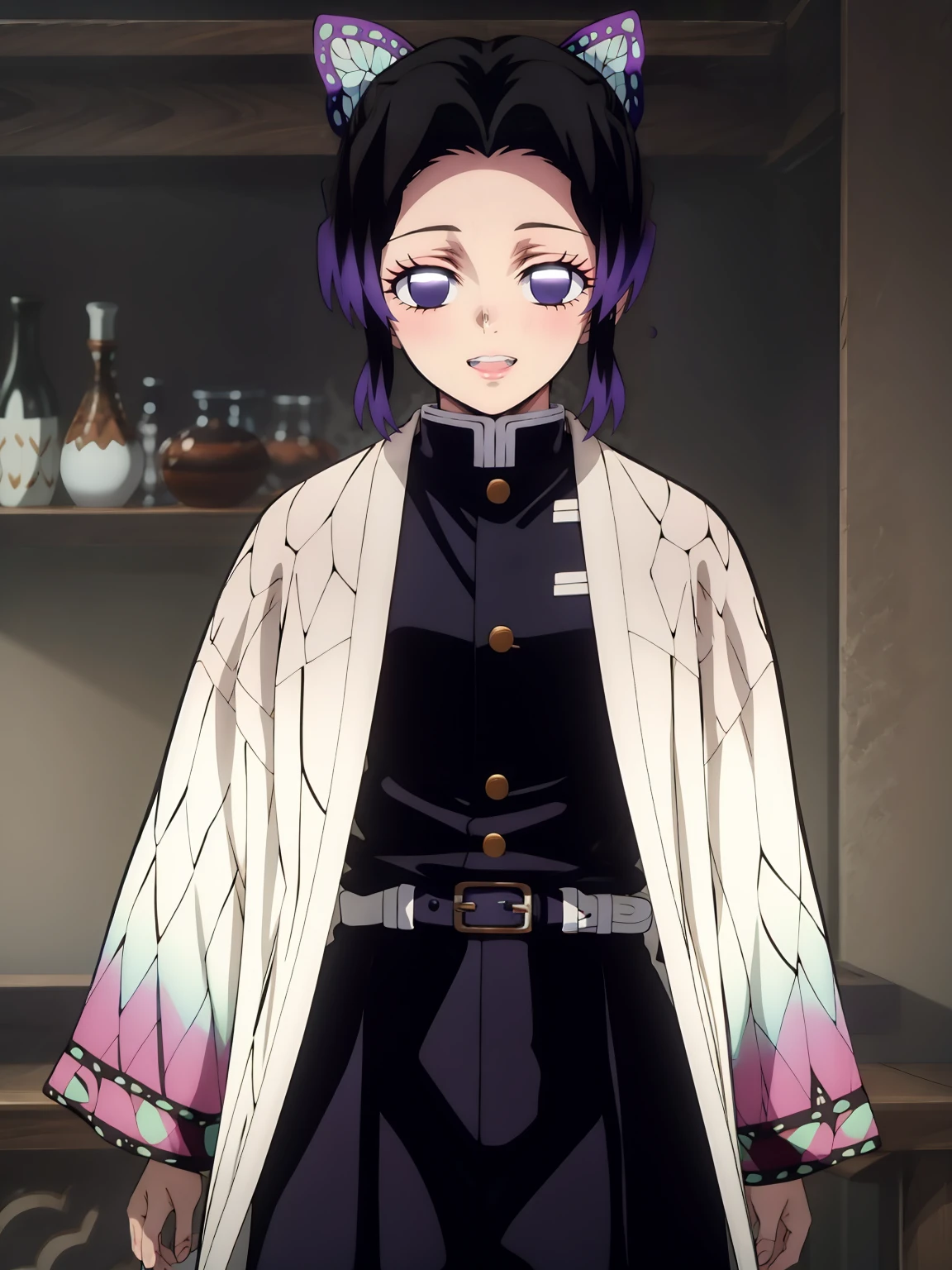 Kochou shinobu, 4k, absurd, high resolution, very high resolution, high definition, masterpiece, Short hair, purple hair, Hair Adorno, Butterfly hair ornament, Purple eyes, Slayer Demon Uniform, Black Jacket, Pants, White belt, Separate bangs, wide sleeves, Butterfly hair ornament, Black Pants, upper body, looking_at_viewer, :d