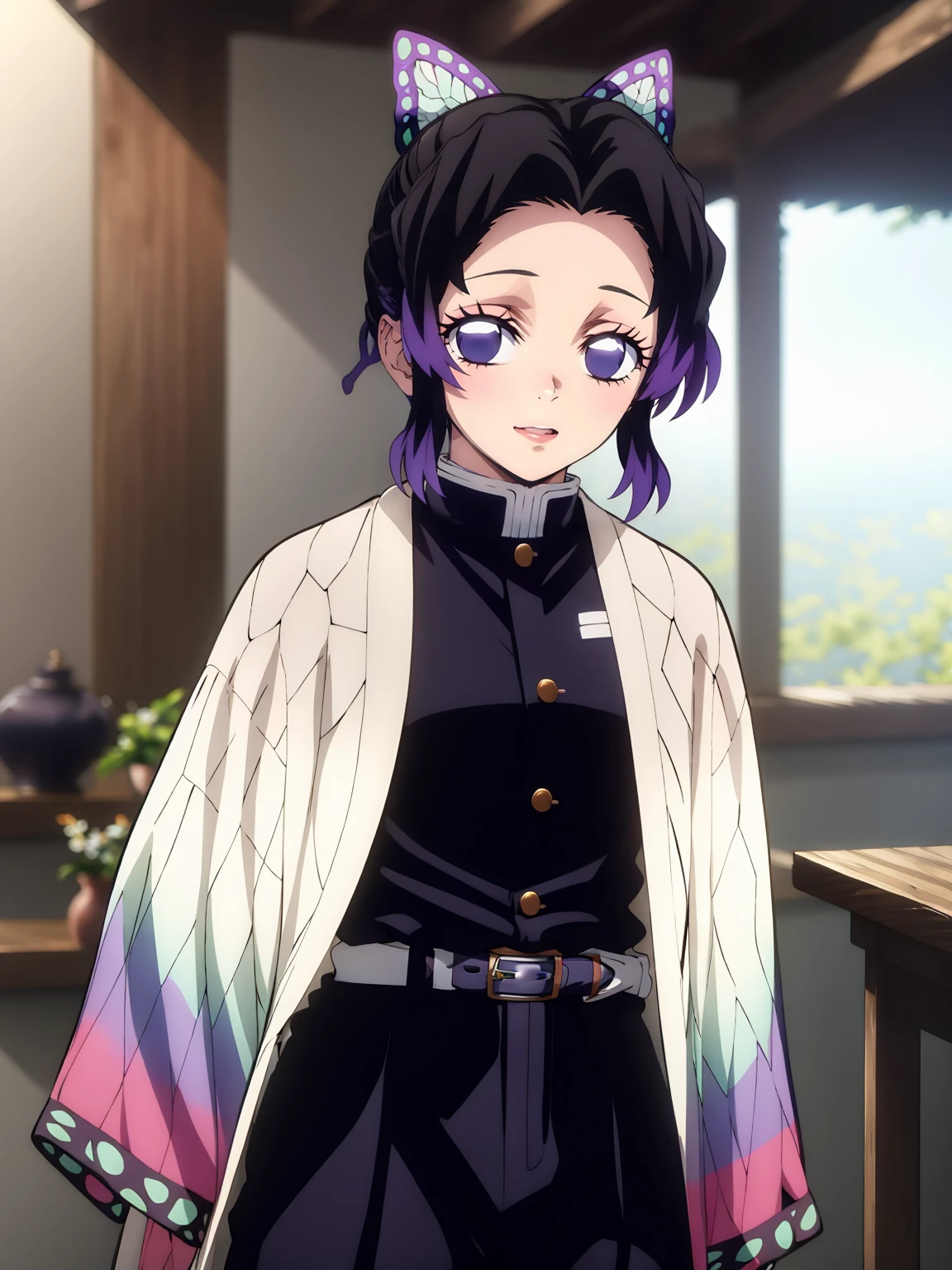 Kochou shinobu, 4k, absurd, high resolution, very high resolution, high definition, masterpiece, Short hair, purple hair, Hair Adorno, Butterfly hair ornament, Purple eyes, Slayer Demon Uniform, Black Jacket, Pants, White belt, Separate bangs, wide sleeves, Butterfly hair ornament, Black Pants, upper body, looking_at_viewer, :d