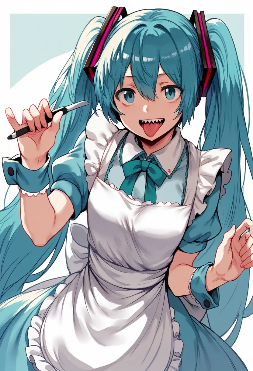 Hews style, 1girl, solo, tongue, long_hair, hatsune_miku, twintails, dress, teeth, black_eyes, striped, sharp_teeth, apron, tongue_out, white_background, wrist_cuffs, looking_at_viewer, bow, open_mouth, simple_background, blue_hair, short_sleeves, blue_dress, aqua_hair, white_apron, very_long_hair, hair_bow, signature, hair_between_eyes, frills, striped_dress, waist_apron, smile