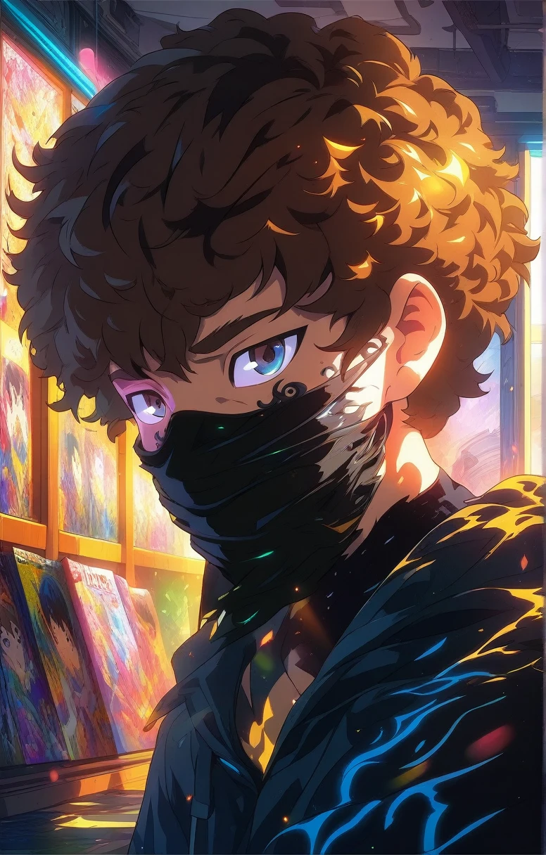 A beautiful anime style close shot boy with brown hair, wearing a black mask covering his mouth, standing in a sunlit environment, detailed facial features, highly detailed character, lighting, glowing sunlight, vibrant colors, digital art, masterpiece, manga, anime, art
