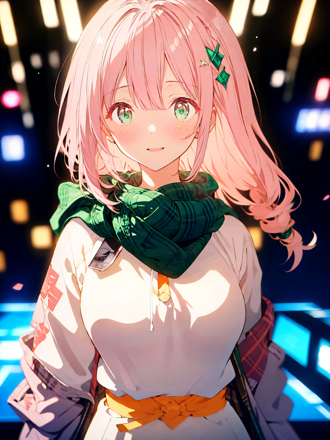 {{{{tmasterpiece}}}}, {{{ultra - detailed}}}, {{{A high resolution}}}, {{Good anatomy}}, (((Best quality at best))), ((Maximalism)),((Emerald eyes,with pink hair)),{{Extremely detailed and refined}}, {8k CG wallpaper}, {{illustratio,Get on camera,closeup of face,Face portrait}}, (long whitr hair|detailed hair|bluntbangs|shinny hair),((shirt coat: The white,plaid shirt,Outerwear with hoodie,brown knitted scarf)),proud face,Blushing with joy,girlfriend lens,(1 girl:1), Alone,little breast, (color difference:1.2)