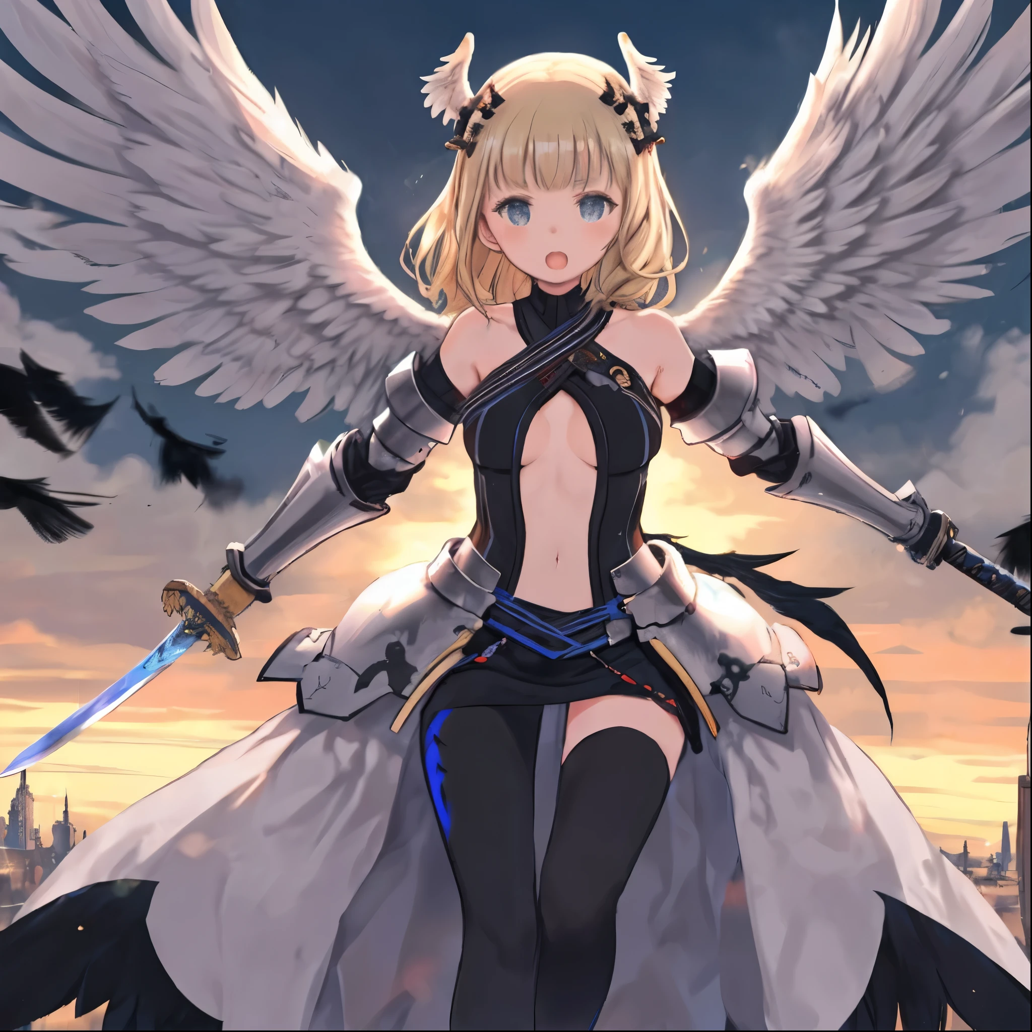 fantasy, 1devill_girl, low_teen, platina_blonde_hair,long_bangs, , bare_shoulder, navel out, thighhighs,silver_shiny_armor, white_clothes,waist_armor, Glebe, hold_swords_emits_light, medium_breasts, dynamic_flying_pose,Floating, (1pair_black_wings:1.4),(pelvic_curtain:1.3), silver_Headgear ,looking_down_at_sunset_city_sky_background,,slightly_spread_legs, some_swords_emits_light,some_swords_emits_light_floating_around_the_girl,solo,open_mouth,open_legs,open_arms,rise_knee,rise_leg,rise_thigh,rise_leg,forward_leaning_posture,apart_legs,(black_wings:1.5)