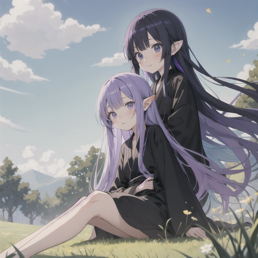 anime girl long purple hair wearing a black Robe. she has pointy ears. Manga kawaii. iridescent ,An illustration, 0ne person .Sitting in the grass, hair blowing in the wind