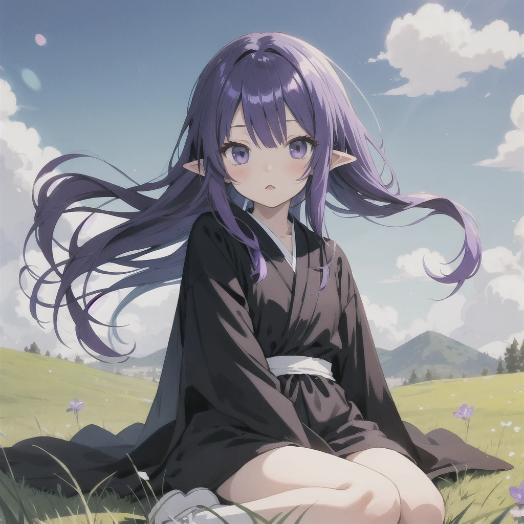 anime girl long purple hair wearing a black Robe. she has pointy ears. Manga kawaii. iridescent ,An illustration, 0ne person .Sitting in the grass, hair blowing in the wind