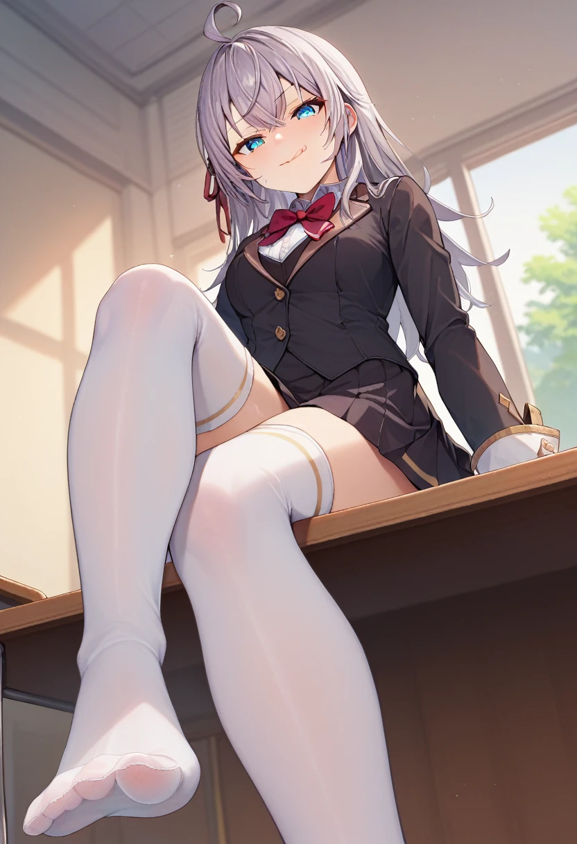 score_9, score_8_up, score_7_up, source_anime, 1girl, alya, grey hair, long hair, ahoge, hair ribbon, blue eyes, , bowtie, black skirt, white thighhighs, sitting, on table, foot focus, naughty face, licking lips, looking at viewer, from below, classroom 