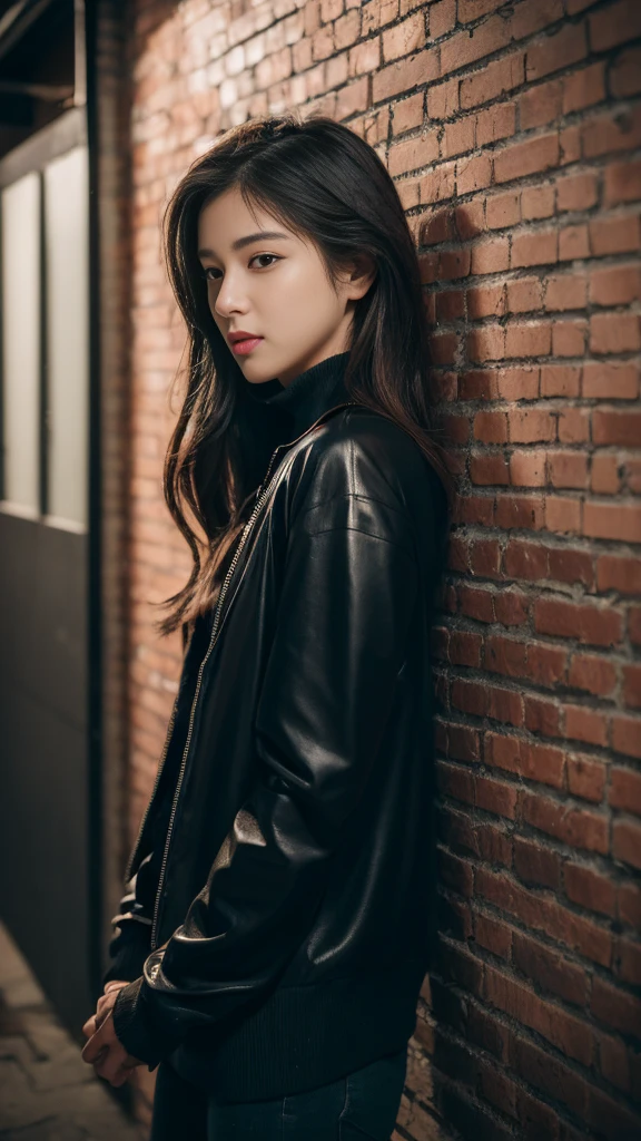 ((Best Quality, 8K, Masterpiece: 1.3)), 1girl, Long black and shiny hair, pretty eyes, long necklace, Neon shirt, Torn leg pants, Open jacket, Open-collared turtleneck sweater, Against the wall, brick walls, GRAPHITE, dim murky lights, alley, looking at viewer