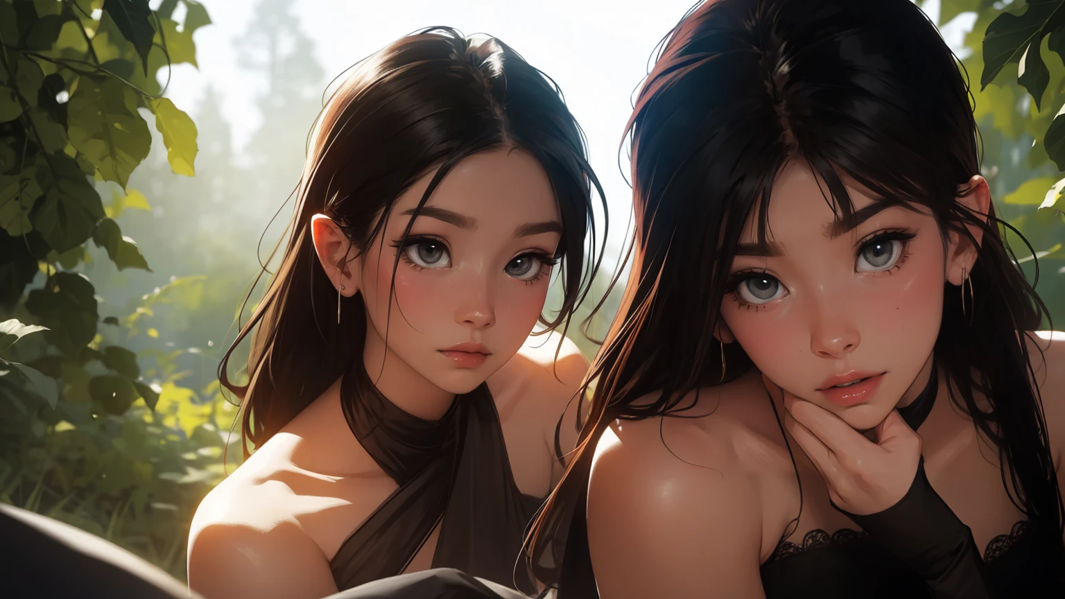 Best quality, masterpiece, A high resolution,,((masterpiece, top quality)), detailed face, masterpiece, Best quality, 1 adult woman, female focus, aboutдин, dark black hair, Bright red eyes, long hair, Looking at the viewer, closed mouth, Fantasy aesthetics, fantasy earring, very detailed, shadow universe style, Dark forest background, in the dark forest, elf ear, drow, black crimes, black scarf around the neck, Blue eyes , ultra detailed, beautiful and aesthetically pleasing, masterpiece, Best Quality Score, extremely detailed, ray tracing, Medium Body, close-up, High view, particles and hard light, cut corner. depth of field、natural soft light、professional lighting、aboutтличная улыбка、(highly detailed skin: 1.2)、Photorealistic render of an anime girl、Bright highlights of the eyes、Ideal Anatomy、Crotch open、shy、legs spread、Panties visible、Shiny body, oily, erectile nipple))、permission 8k、complex parts、Toned waist、Wide buttocks、Эффект Тиндаллаmasuter piece、top quality、Highest standards、Highest image quality、table、complex parts、A high resolution、depth of field、natural soft light、professional lighting、about, standing, very long hair, cowboy shot, brilliant, brilliant hair, (night:1.2),Dreamy, [[gentle fingers and hands:0.55]::0.85],(detailed fingers),),(emotional),(breathtaking),(main part:1.2) whole body.), (Anime Style), (Super Detailed), (brutal), (uhd, HDR), (8K), (High Resolution: 1.2), (Complex and Beautiful: 1.2)