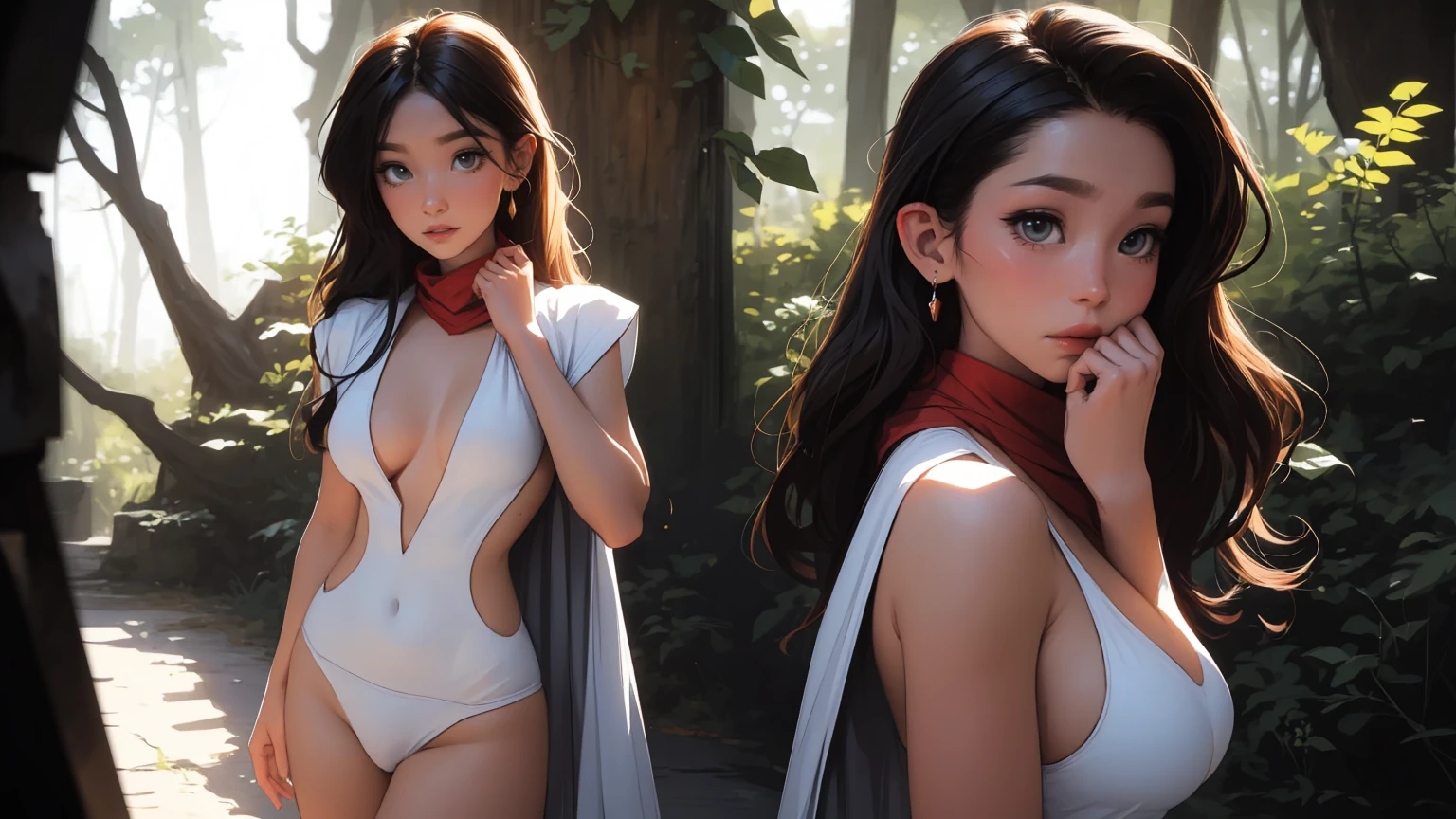 Best quality, masterpiece, A high resolution,,((masterpiece, top quality)), detailed face, masterpiece, Best quality, 1 adult woman, female focus, aboutдин, dark black hair, Bright red eyes, long hair, Looking at the viewer, closed mouth, Fantasy aesthetics, fantasy earring, very detailed, shadow universe style, Dark forest background, in the dark forest, elf ear, drow, black crimes, black scarf around the neck, Blue eyes , ultra detailed, beautiful and aesthetically pleasing, masterpiece, Best Quality Score, extremely detailed, ray tracing, Medium Body, close-up, High view, particles and hard light, cut corner. depth of field、natural soft light、professional lighting、aboutтличная улыбка、(highly detailed skin: 1.2)、Photorealistic render of an anime girl、Bright highlights of the eyes、Ideal Anatomy、Crotch open、shy、legs spread、Panties visible、Shiny body, oily, erectile nipple))、permission 8k、complex parts、Toned waist、Wide buttocks、Эффект Тиндаллаmasuter piece、top quality、Highest standards、Highest image quality、table、complex parts、A high resolution、depth of field、natural soft light、professional lighting、about, standing, very long hair, cowboy shot, brilliant, brilliant hair, (night:1.2),Dreamy, [[gentle fingers and hands:0.55]::0.85],(detailed fingers),),(emotional),(breathtaking),(main part:1.2) whole body.), (Anime Style), (Super Detailed), (brutal), (uhd, HDR), (8K), (High Resolution: 1.2), (Complex and Beautiful: 1.2)