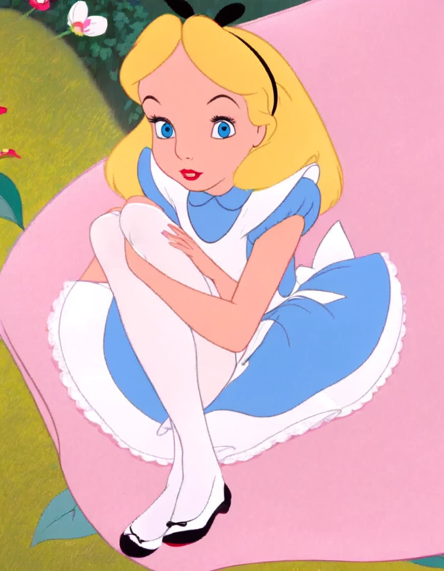 wxaliwonlan, 1girl, solo, long hair, blue eyes, blonde hair, alice (alice in wonderland), disney cartoon, masterpiece, best quality, ??????? view, front view, white panties, white stockings, panty peek