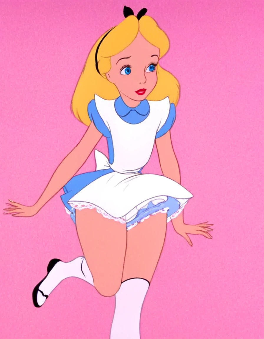 wxaliwonlan, 1girl, solo, long hair, blue eyes, blonde hair, alice (alice in wonderland), disney cartoon, masterpiece, best quality, upskirt view, front view, white panties, white stockings, panty peek