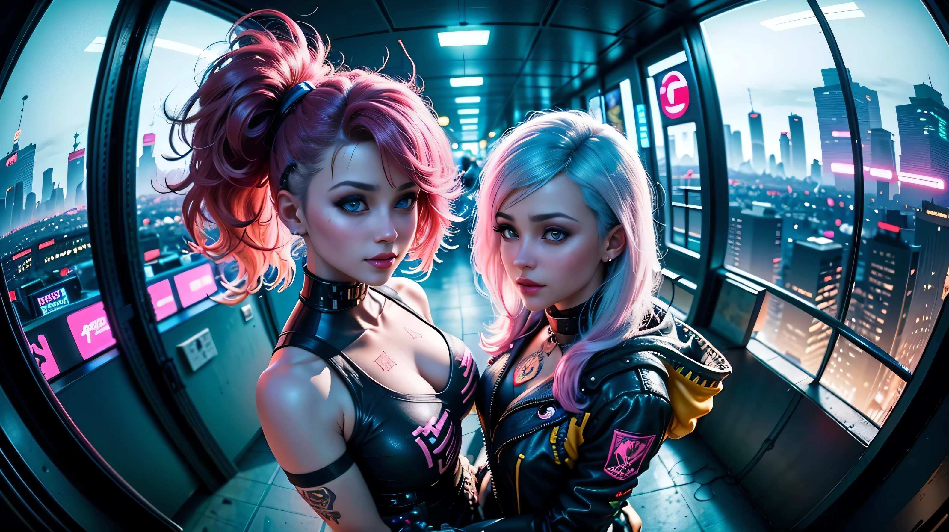 ((25 year old cyberpunk girls in a colorful Harajuku pop outfit)), ((((fisheye lens)))), Cowboy shot, the wind, Real Pile, big blue eyes, 8K, a perfect face, the perfect body, messy  hair, Highly detailed eyes, Highly detailed face, ((Cyberpunk 2077 cityscape)), (Cyberpunk aesthetics and atmosphere:1.3), Bright colors, Smiling, ((Cinematic lighting))