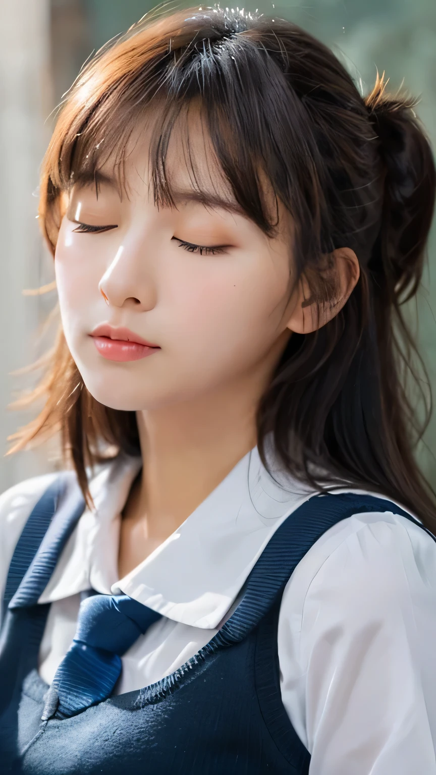 (8K、Raw photo、Highest quality、masterpiece:1.2)、(Realistic、Photorealistic:1.37)、Ultra-detailed、Ultra-high resolution、Cowboy Shot、 beautiful girl、Beautiful and well-proportioned face、、Beautifully detailed skin、Skin Texture、Professional Lighting、Big breasts that are about to spill out、double bun and short twin tails、(((School Uniform 1.2)))、Kissing Face、Eyes closed、Looking at the front、