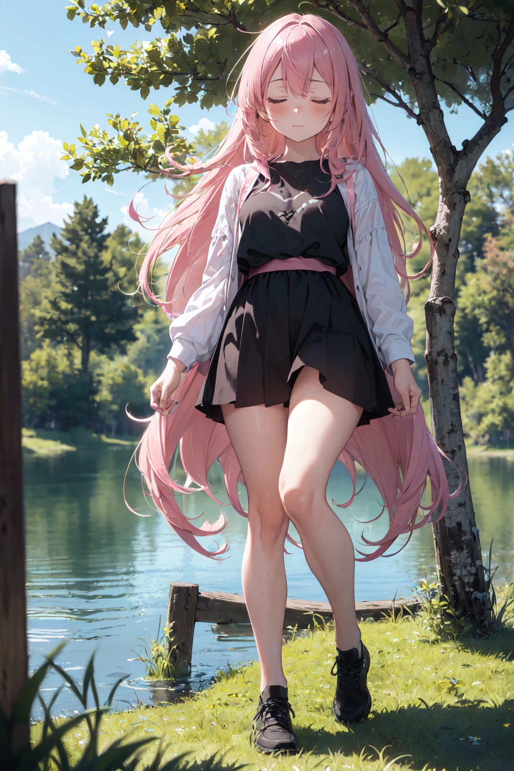 deep forest, (mysterious girl, pink long hair:1.4), (dropped into lake in forest:1.3), detailed face, closed eyes, full body, panorama view, magnificent view, absurdres, 8k, detailed plants