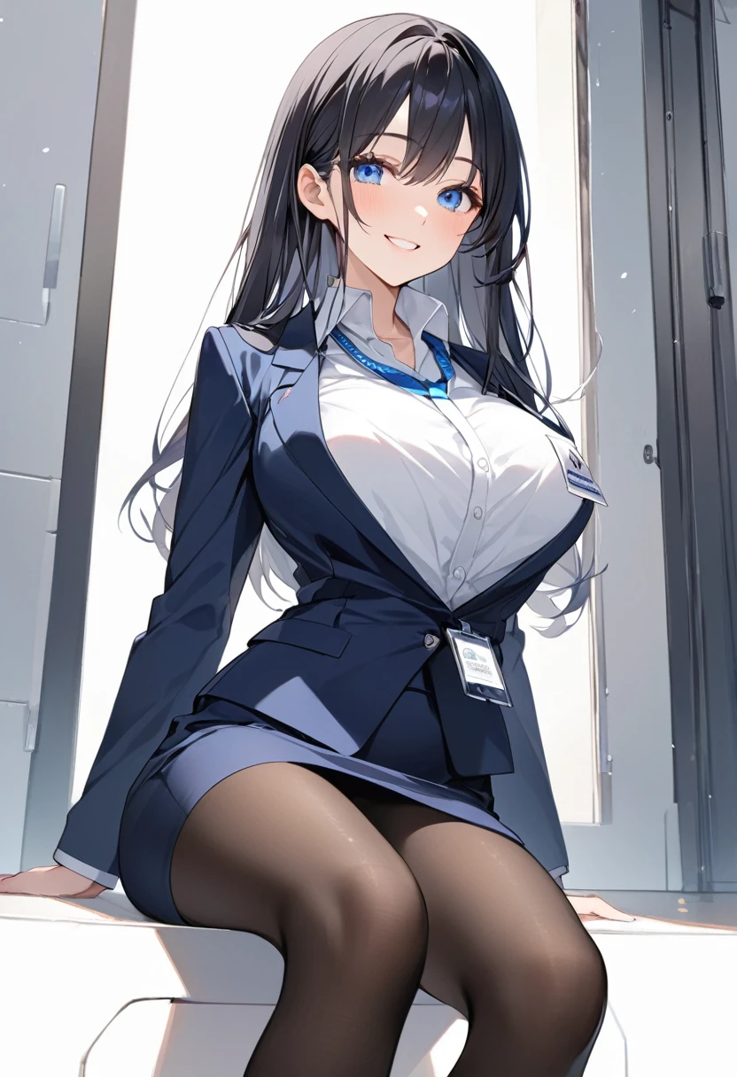 (Highest qualityのイラスト:1.2), (Black Hairの美少女:1.1),Simple Background、White background、 (1 girl、、Highest qualityのイラスト:1.2), (1 girl、Kind eyes、blue eyes:1.2)、((Black Hair:1.2))、Semi-long hair、(Highest quality、Very detailed、cute、Ultra-high resolution) 、Larger breasts、office lady, {Navy blue business suit、white business shirt, Navy blue pencil skirt、 pantyhose}, Front facing、smile、ID card hanging around neck、slouch、