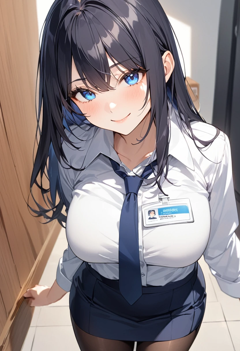 (Highest qualityのイラスト:1.2), (Black Hairの美少女:1.1),Simple Background、White background、 (1 girl、、Highest qualityのイラスト:1.2), (1 girl、Kind eyes、blue eyes:1.2)、((Black Hair:1.2))、Semi-long hair、(Highest quality、Very detailed、cute、Ultra-high resolution) 、Larger breasts、office lady, {Navy blue business suit、white business shirt, Navy blue pencil skirt、 pantyhose}, Front facing、smile、ID card hanging around neck、slouch、