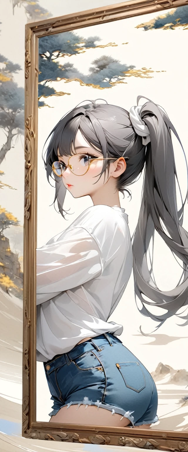 Oriental beautiful girl,sideways,Looking over the shoulder,White transparent real-life painting,Color splash rendering,Facial texture is clear,Silver-white and dark gray highlighted long hair tied into twin ponytails,loose white shirt,Blue distressed denim shorts,Gold-framed glasses,White sand background,messy strokes.Close-up of character( Perfect anatomical structure ) Beautiful and extremely fine texture,detailed, bright, Animation style high definition and high quality presentation