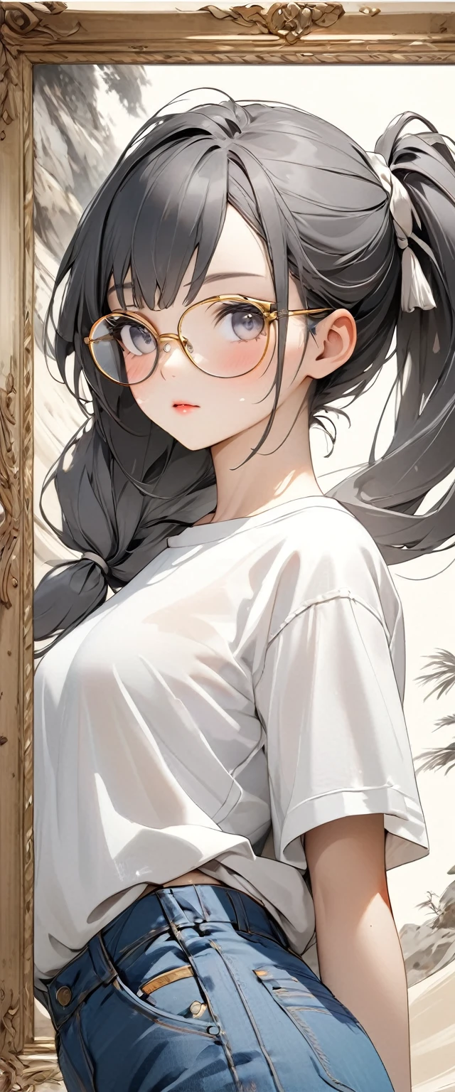 Oriental beautiful girl,sideways,Looking over the shoulder,White transparent real-life painting,Color splash rendering,Facial texture is clear,Silver-white and dark gray highlighted long hair tied into twin ponytails,loose white shirt,Blue distressed denim shorts,Gold-framed glasses,White sand background,messy strokes.Close-up of character( Perfect anatomical structure ) Beautiful and extremely fine texture,detailed, bright, Animation style high definition and high quality presentation