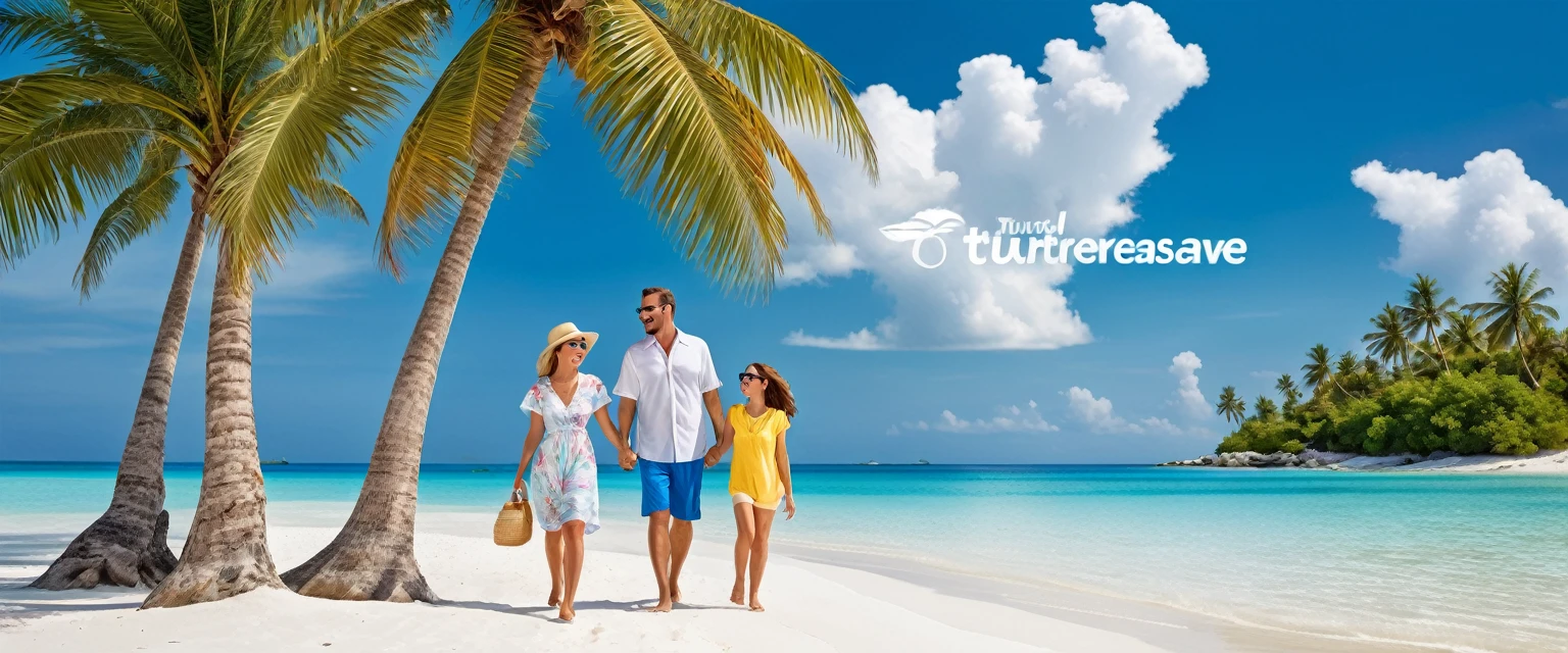 Wide advertising banner of the travel company "TurTur". In the background is a stunning tropical beach with crystal clear waters, white sand and lush palm trees. The sky is bright blue with a few fluffy white clouds. In the foreground is a happy family in summer clothes. The general atmosphere is cheerful and attractive.